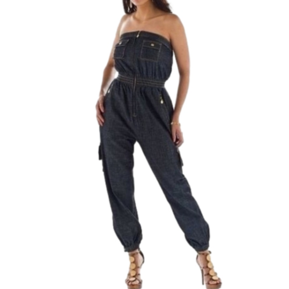 Baby Phat Strapless Denim Cargo Jumpsuit Size 13 / 15